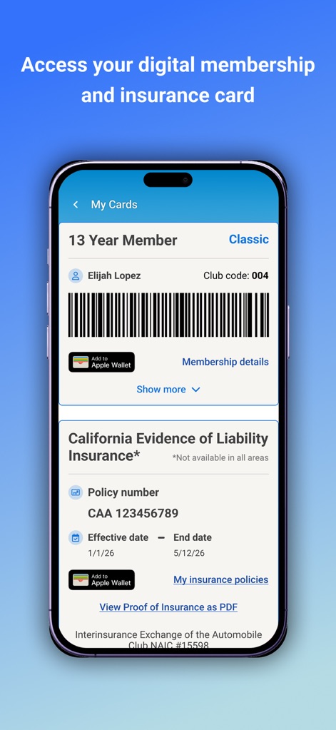 AAA Auto Club - 이 화면에서 사용자는 본인의 13년 멤버십 정보와 바코드를 확인하고, Apple Wallet에 보험 증명서를 추가하여 편리하게 관리할 수 있습니다.