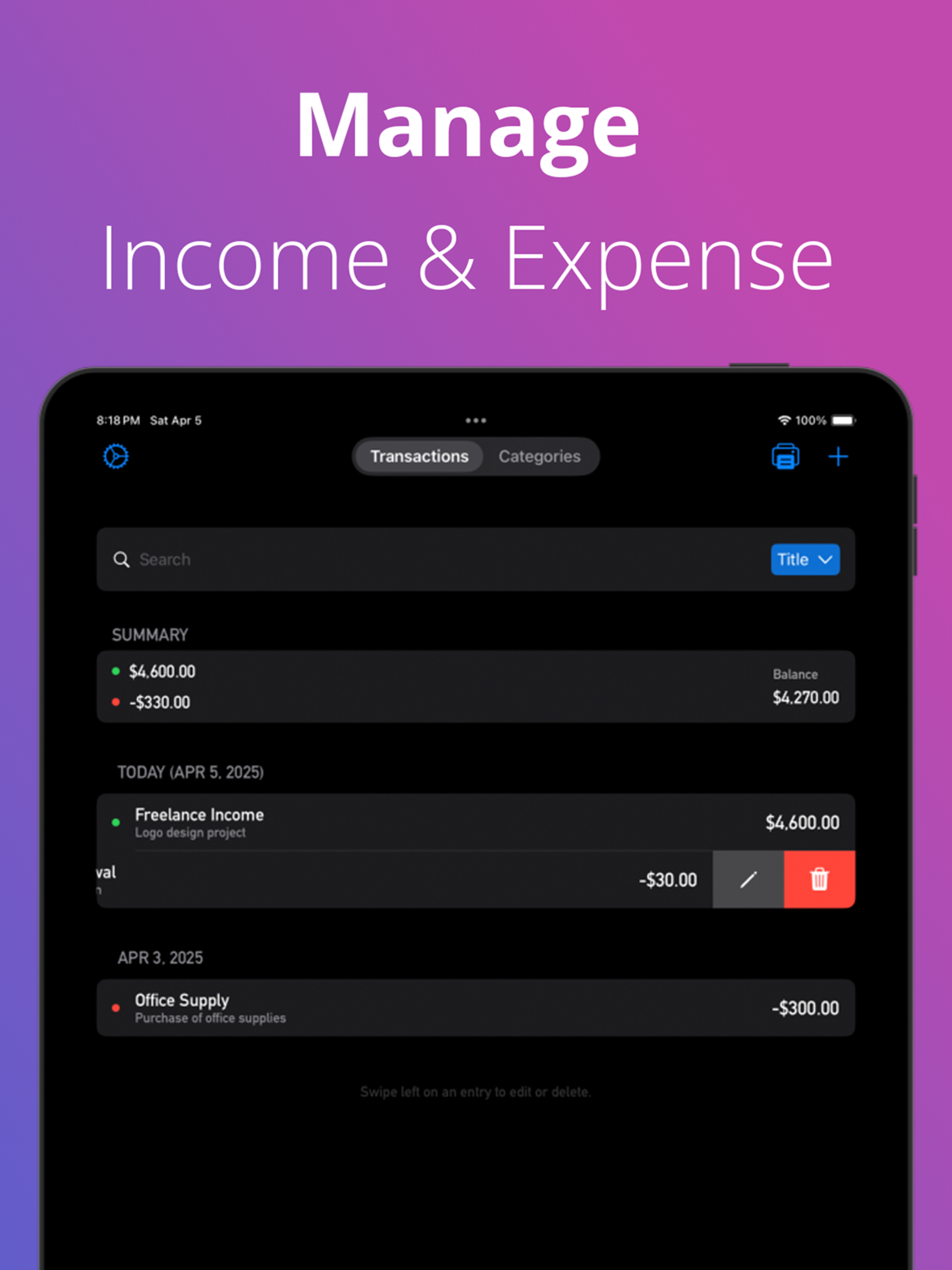 Cash Book: Manage transactions