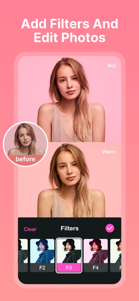 Collage Maker - Photos Editor - 사용자는 다양한 'Filters'를 적용하여 사진의 분위기를 극적으로 변화시킬 수 있으며, 원본과 필터 적용 후의 모습을 쉽게 비교할 수 있습니다.