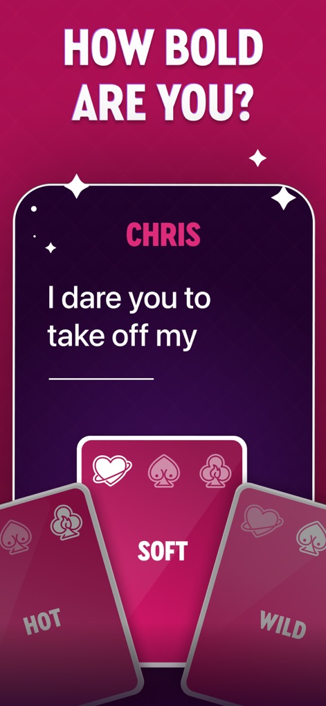Couples games: Sex Roulette - Users can test their boundaries with challenges like the one presented to 'CHRIS', choosing from intensity levels such as 'SOFT' or 'WILD' indicated by stylish cards.
