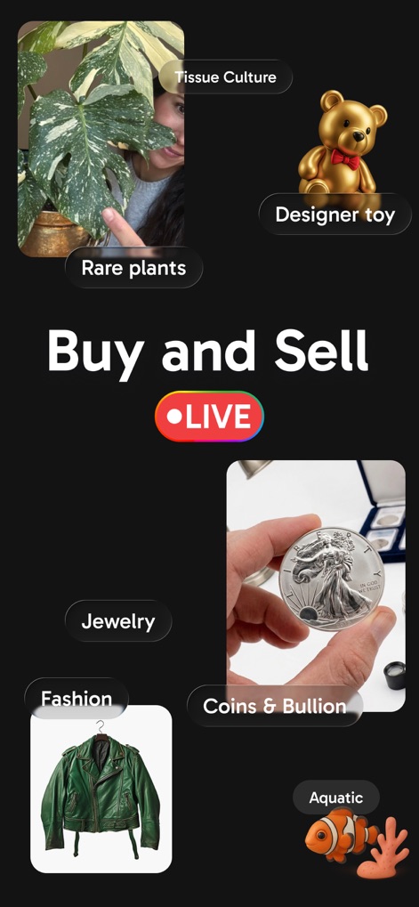 Palmstreet: Buy & Sell LIVE - The app showcases an expansive marketplace where users can discover diverse items, from rare plants to unique designer toys, all within a vibrant live shopping environment.