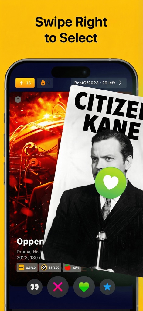 Movie Night: Film & TV Picker - Users can effortlessly select desired films using the fluid right-swipe gesture, confirmed by the prominent green heart icon.