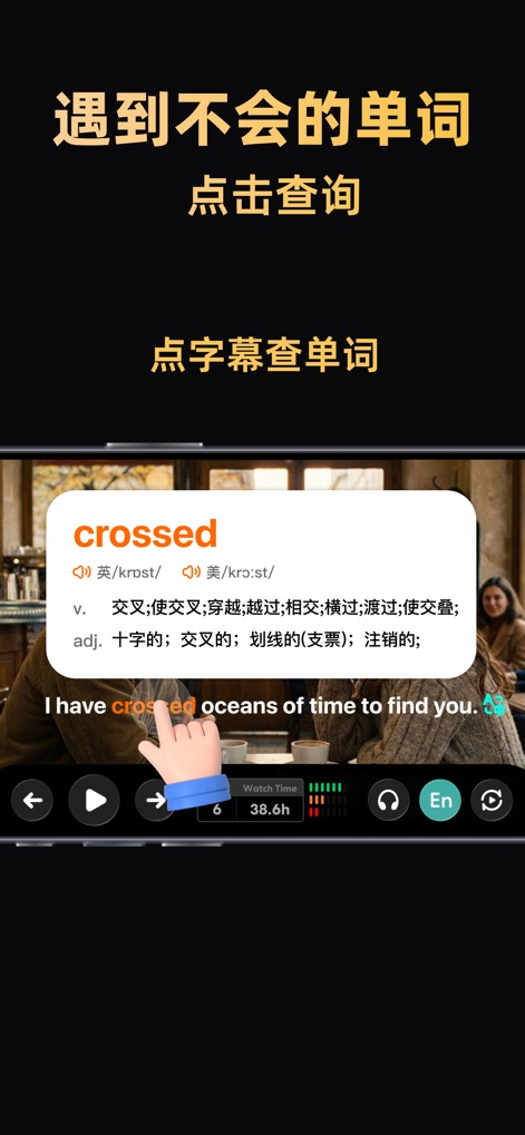阿美英语-看美剧背单词 - Al tocar una palabra en los subtítulos, como "crossed", la herramienta despliega automáticamente su significado completo, optimizando la comprensión sin interrumpir la experiencia de visualización.
