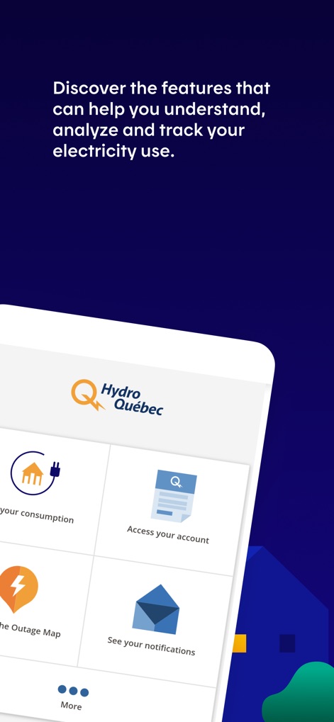 Hydro-Québec - Cet outil centralise l'accès aux fonctionnalités clés, offrant une vue rapide sur la consommation électrique et les notifications importantes via des icônes claires.