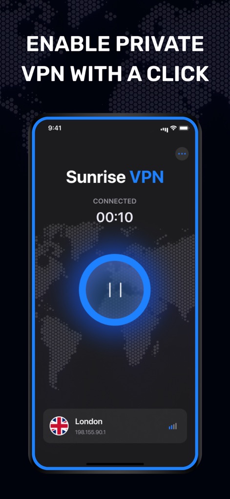VPN Sunrise - See how the app provides a one-tap connection button for instant privacy and clearly displays the active server location and connection status.