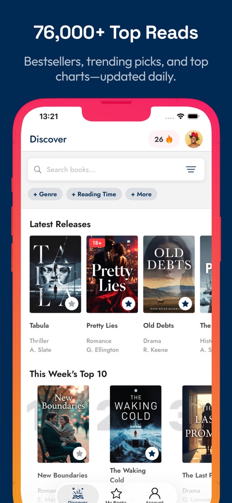 FreeBooks: 76,000 Top Reads - Users can easily find their next read through a powerful search bar with genre filters and explore curated sections like "Latest Releases".