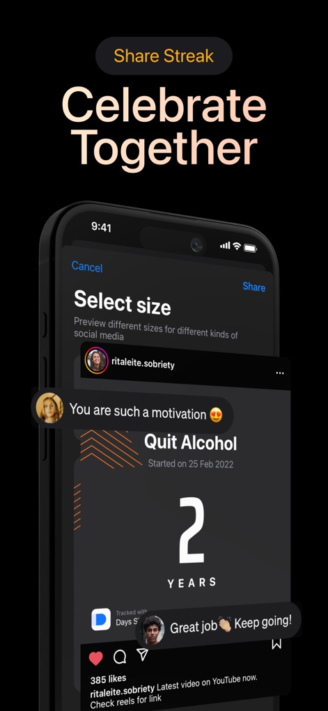 Days Since: Quit Habit Tracker - Users can easily share their personal streak milestones with customizable social media card previews, fostering community and encouraging celebratory interactions.
