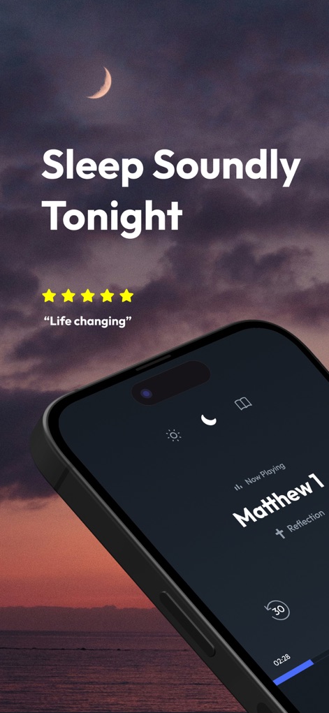 Bedtime Bible: Christian Sleep - The app showcases its core function by displaying the 'Now Playing' interface for a Bible chapter and a 'Reflection' prompt, guiding users into a tranquil evening routine.
