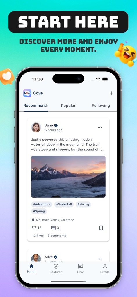 Cove - Share Fun, Video Chat - Discover inspiring travel content through 'Recommended' and 'Popular' tabs, showcasing user posts with photos, location tags, and interaction counts.