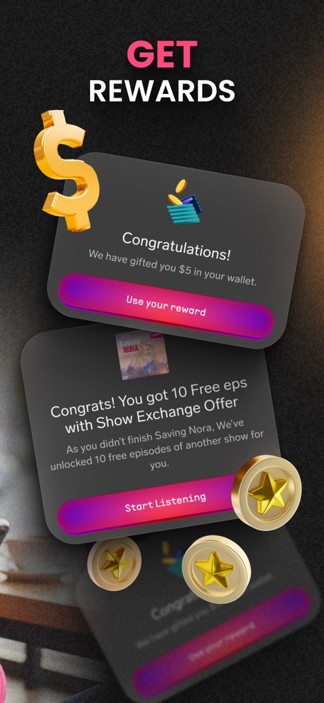 Pocket FM: Audio Series - This screenshot highlights the app's engaging reward system, presenting users with incentives such as wallet credits and "10 Free eps with Show Exchange Offer" to enhance engagement.