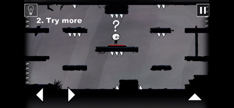 That Level Again - 외형적으로는 같아 보이는 레벨이지만, '2. Try more'라는 새로운 제목과 캐릭터 머리 위에 떠 있는 물음표는 이전과는 다른 해결 방법을 요구하는 독창적인 퍼즐 메커니즘을 드러냅니다.