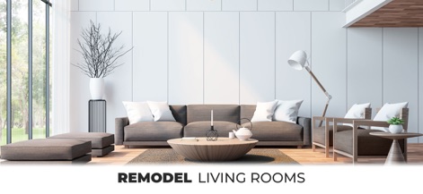 My Home Makeover: Dream Design - Los usuarios pueden remodelar salones, eligiendo entre muebles contemporáneos como un sofá gris y una lámpara de pie de diseño en un espacio iluminado.