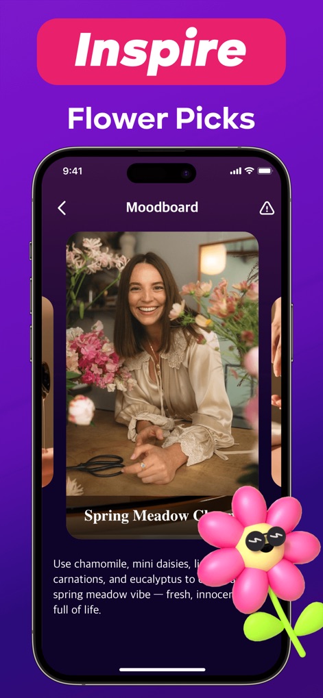 Florra：Video，Chat Fun - ムードボードのビジュアルを通じて、ユーザーはフローラルデザインのインスピレーションを得られ、具体的な花材の説明から次の作品のアイデアを練ることができます。