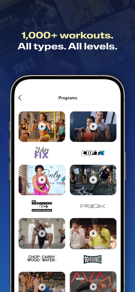 BODi by Beachbody Home Fitness - La plataforma exhibe una vasta colección de programas, organizados en una cuadrícula con imágenes atractivas y botones de reproducción, y muestra títulos conocidos como '21 Day Fix' y 'LIIFT4'.