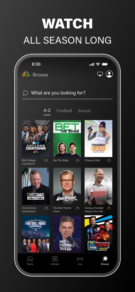 NBC Sports - 「Browse」画面では、上部に検索バーが配置されており、ユーザーは特定のコンテンツを簡単に見つけることができます。また、多岐にわたるスポーツ関連番組やドキュメンタリーのサムネイルがグリッド形式で表示され、豊富な選択肢を提供しています。