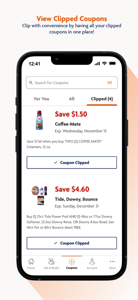 Family Dollar - L'app raggruppa tutti i coupon "Clipped" in un'unica sezione, permettendo agli utenti di vedere offerte attivate come "Save $1.50 Coffee-Mate" e il loro stato di "Coupon Clipped".