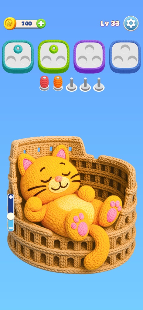Wool Frenzy - Yarn Match 3D - Discover the heartwarming detail of the sleeping knitted cat model, complemented by the dynamic yarn spools visible in the matching interface.