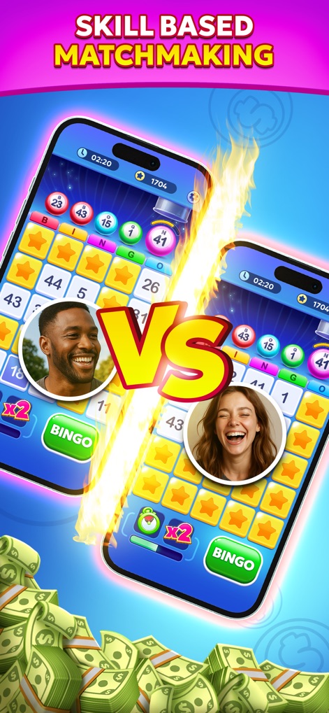 Bingo Billions: Win Real Cash! - The visuals demonstrate skill-based matchmaking with two competing players shown on separate phone interfaces and the "VS" graphic.