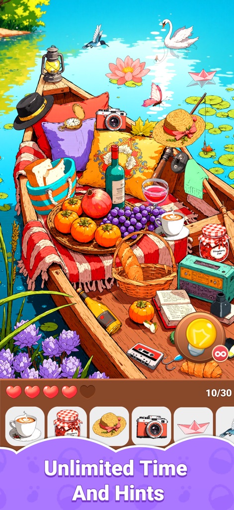 Hidden Quest: Seek & Discover - Experience vibrant outdoor scenes brimming with diverse picnic items, complemented by the clear display of unlimited time and hints.