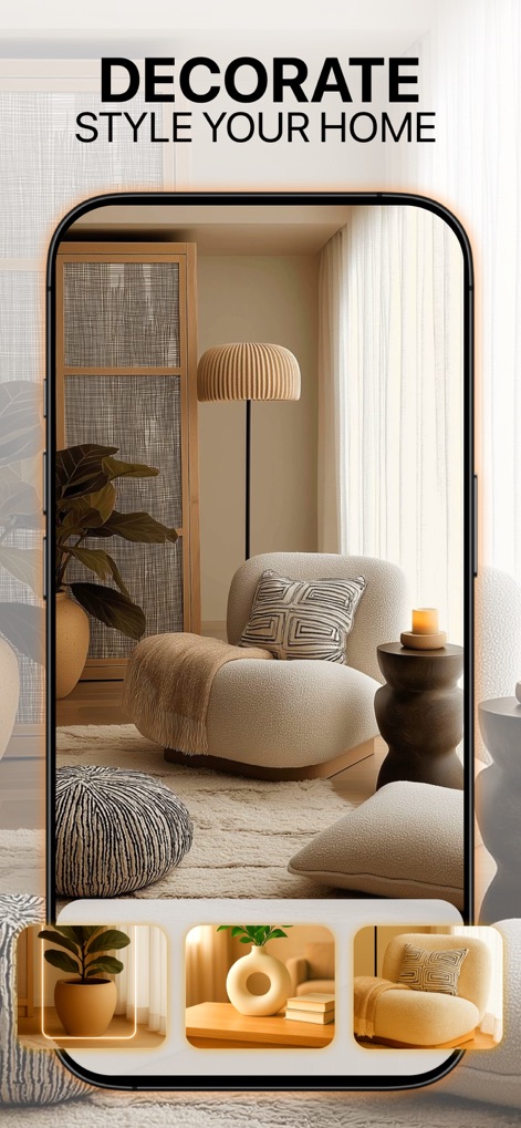 AI Home Design - Deco AI - Gli utenti possono arredare e personalizzare ogni spazio, mettendo in risalto la comoda poltrona bouclé e l'originale lampada da terra in legno.