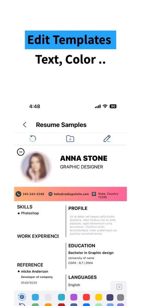 ResuME Maker - CV Jobs Builder - Questo strumento permette una personalizzazione approfondita del CV, dove gli utenti possono modificare facilmente testi e colori, come evidenziato dalla palette di colori disponibile.