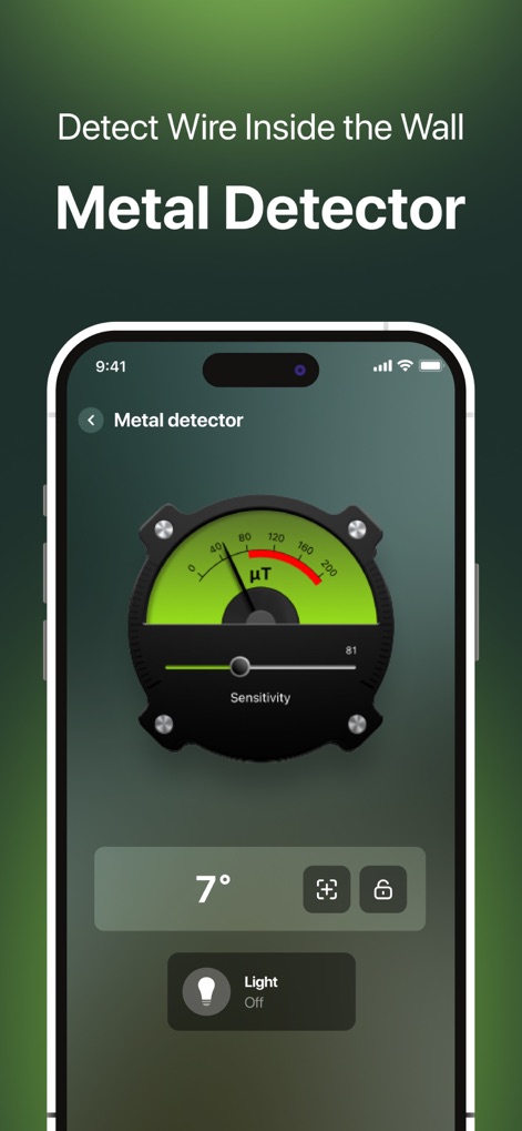Bubble Level for iPhone - La herramienta de detección de metales es capaz de identificar cables dentro de las paredes, mostrando una lectura de intensidad de campo de 81 µT y una inclinación de 7 grados.