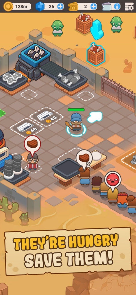 Idle Outpost Zombie Apocalypse - O aplicativo demonstra a gestão de recursos ao entregar carne a clientes famintos, enquanto máquinas na retaguarda processam novos suprimentos.