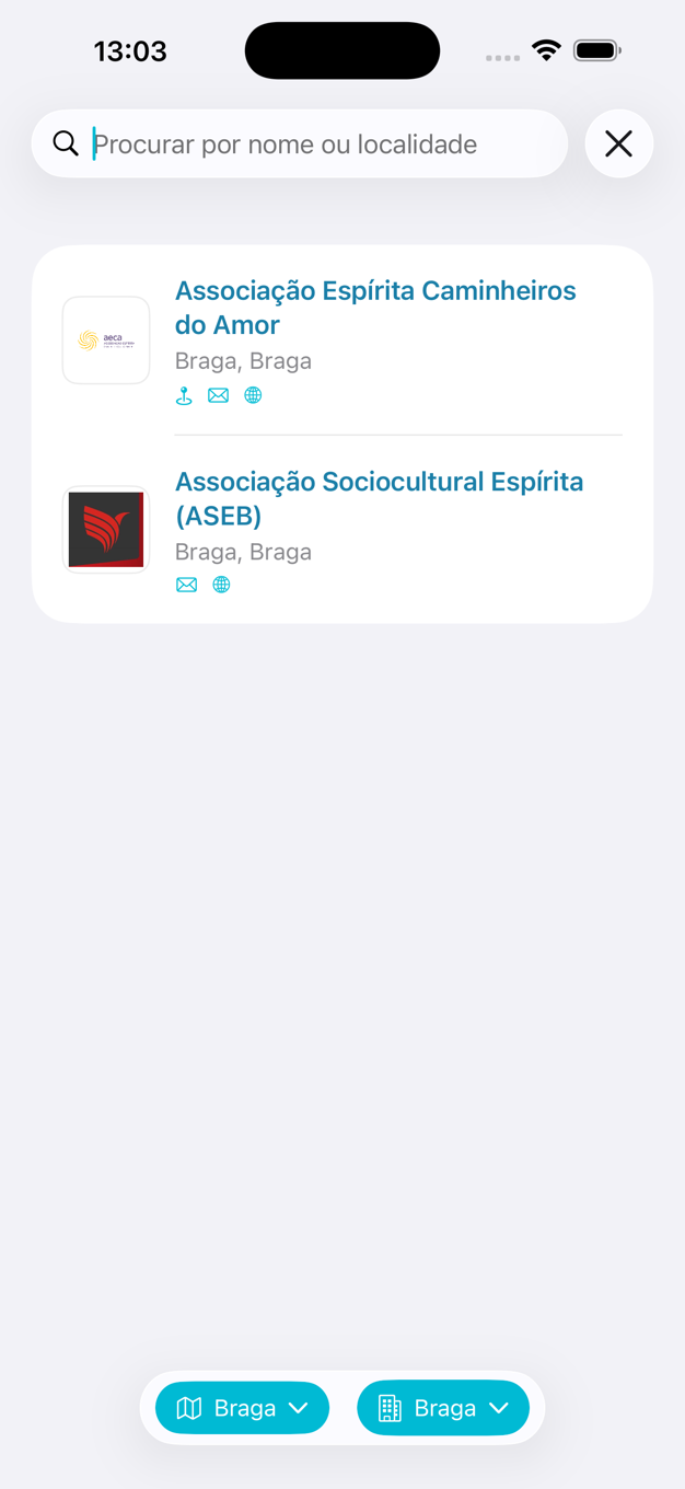 Ecrã iPhone da aplicação Centros Espíritas de Portugal