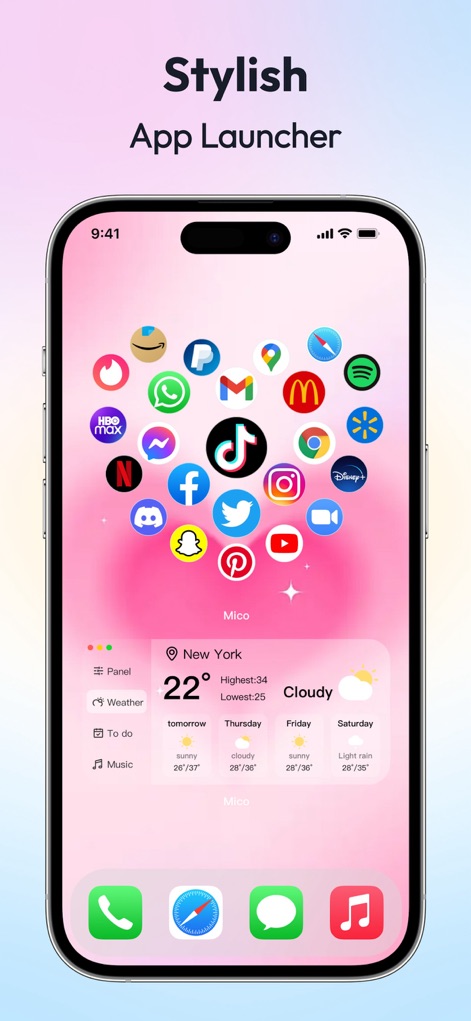 Mico - Widget & Live Wallpaper - Organize apps with a stylish heart-shaped launcher, complemented by a detailed weather widget and customizable quick access panel.