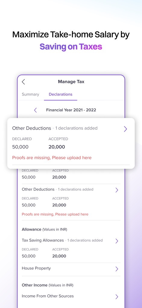 Keka HR - La aplicación ayuda a maximizar el salario neto a través de la gestión fiscal, permitiendo a los empleados realizar declaraciones de otras deducciones y optimizar sus deducciones por ahorro de impuestos.
