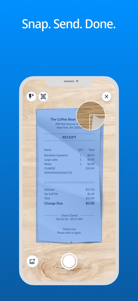 Emburse Enterprise - Observe the app's smart camera interface that allows users to effortlessly "snap" receipts with automatic border cropping, then quickly review the captured image before processing.
