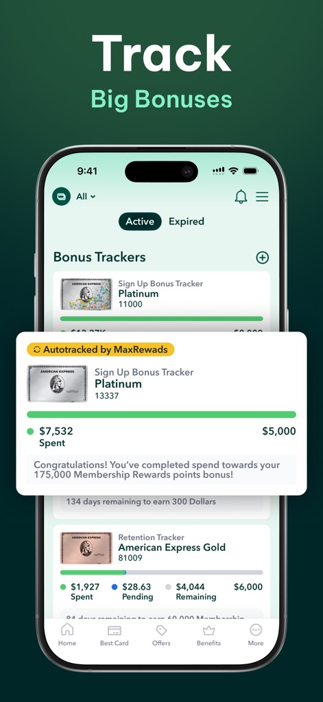 MaxRewards: Rewards & Cashback - Users can monitor sign-up bonus progress, such as the "$7,532 Spent" towards a "175,000 Membership Rewards points bonus," and view remaining days for completion.