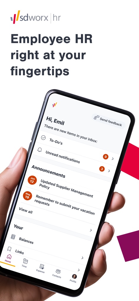 Daily by SD Worx - Discover the intuitive home screen featuring personalized greetings and a clear overview of To-Do's and Announcements.