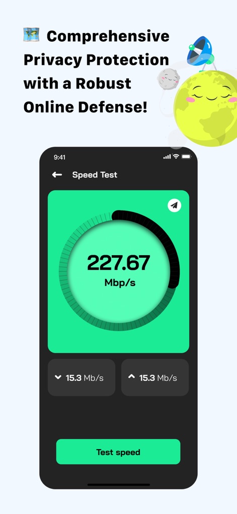 VPN - Airplane VPN Proxy - The app features an intuitive speed test display, illustrating high download speeds through a circular gauge and precise upload/download metrics.