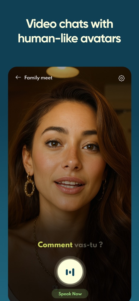 Jumpspeak | Language Learning - 이 화면은 실제 사람과 유사한 아바타와의 비디오 채팅 인터페이스를 통해 사용자가 'Comment vas-tu ?'와 같은 문구를 사용하여 프랑스어를 연습할 수 있게 합니다.