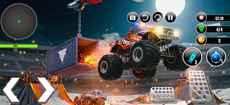 Moon Monster Truck: Car games - Witness a dramatic, cinematic entry sequence as a monster truck is deployed via crane, showcasing the distinct lunar environment with Earth visible in the background.