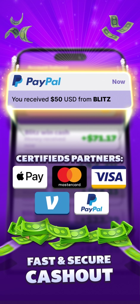 Blitz - Win Cash - This visual confirms a PayPal cashout notification and highlights the various certified payment partners for withdrawals.