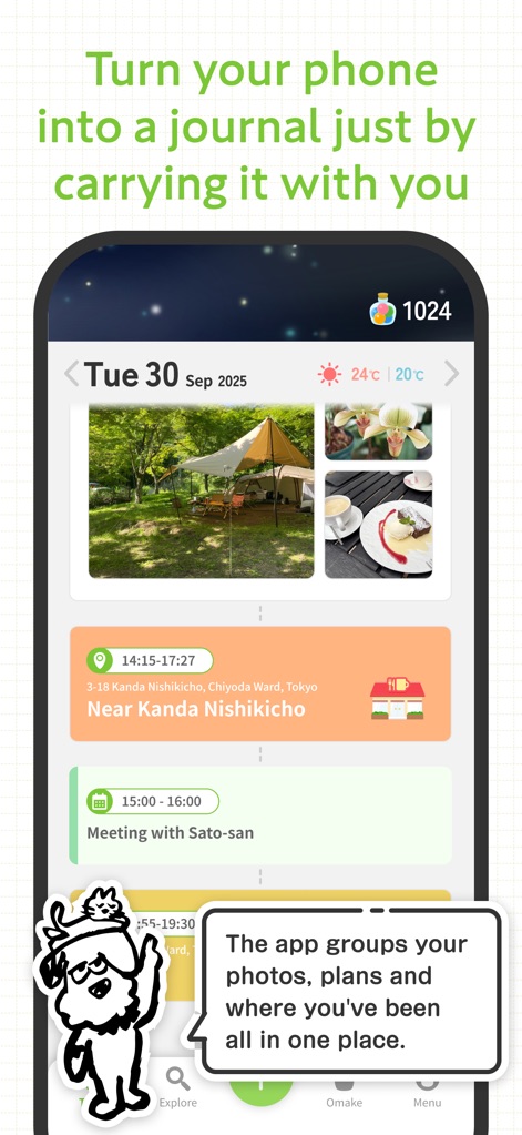 Hobonichi Techo App - La aplicación agrupa automáticamente sus fotos y planes en una línea de tiempo clara, mostrando ubicaciones visitadas y horarios de eventos.