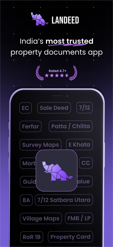 Landeed – Land Records & Bills - The app showcases a comprehensive list of document types, such as 'EC' and 'Patta / Chitta', highlighting its broad utility for property verification.