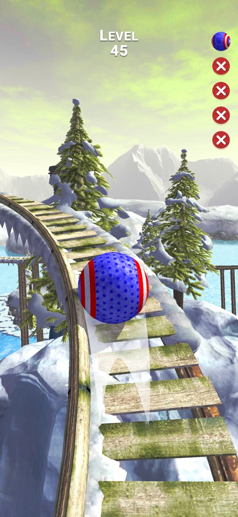 Rollance : Adventure Balls - The game features a detailed winter wonderland environment with a patriotic blue, red, and white patterned ball gracefully rolling across a snow-covered bridge.