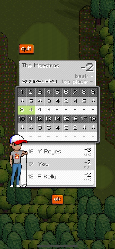 Pixel Pro Golf - Cet outil offre un tableau de score détaillé pour suivre les résultats du tournoi "The Maestros" et visualiser le classement en temps réel des joueurs.