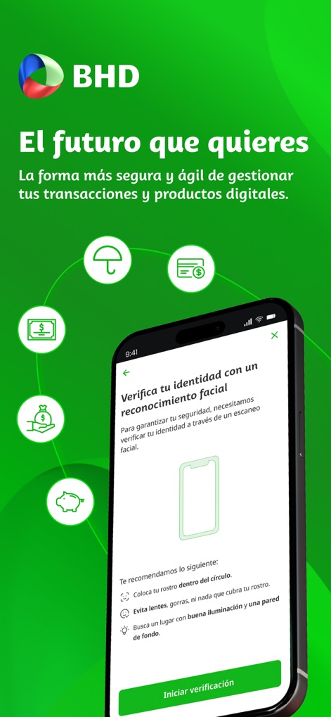 Móvil Banking Personal BHD - La aplicación subraya su moderno enfoque en la seguridad mediante la verificación de identidad facial, asegurando transacciones ágiles y protegidas para todos los usuarios.