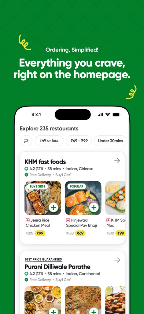 toing - Food Delivery - Users can quickly filter restaurants by price (e.g., '₹49 or less') and delivery time ('Under 30mins') to find the perfect meal efficiently.