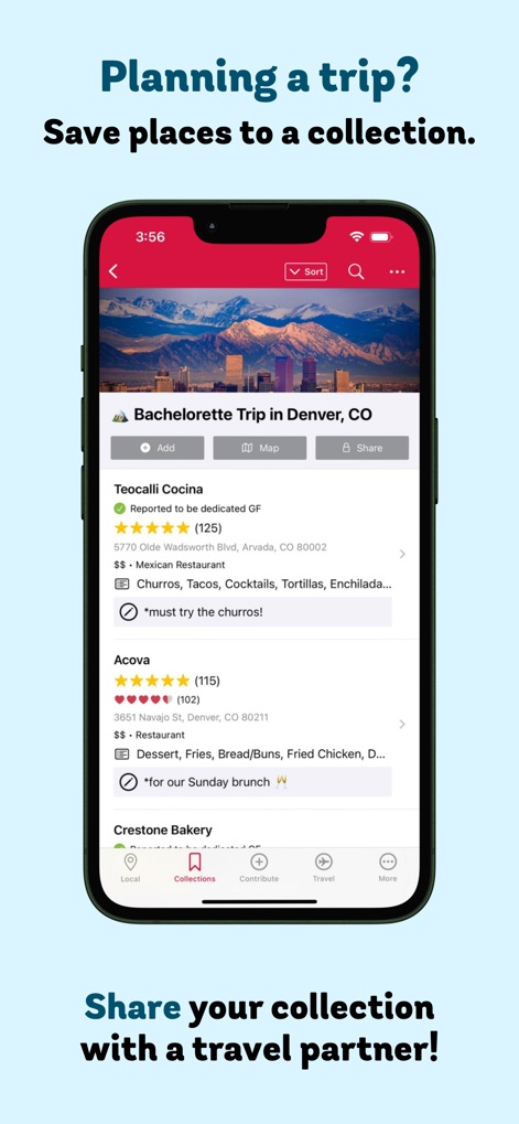 Find Me Gluten Free - The app empowers users to create personalized collections, like 'Bachelorette Trip in Denver, CO', complete with saved restaurants and sharing capabilities.