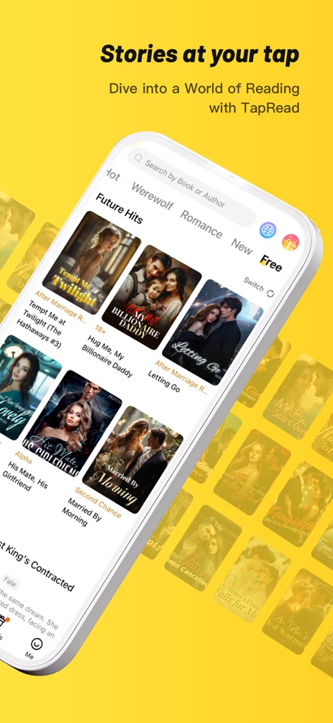 TapRead - Read Good Story - Users can easily navigate a curated selection of popular stories through intuitive genre tabs like 'Werewolf' and 'Romance', presenting a visually appealing grid of diverse book covers.