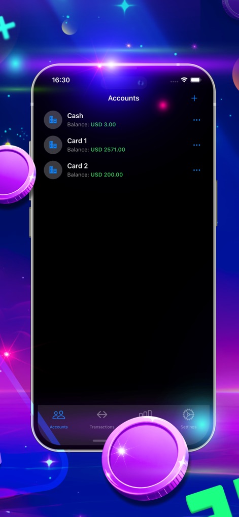 Drop Cost - Os usuários podem visualizar todas as suas contas em um só lugar, com saldos claros em USD para cada uma, acessíveis através de uma barra de navegação intuitiva na parte inferior da tela.