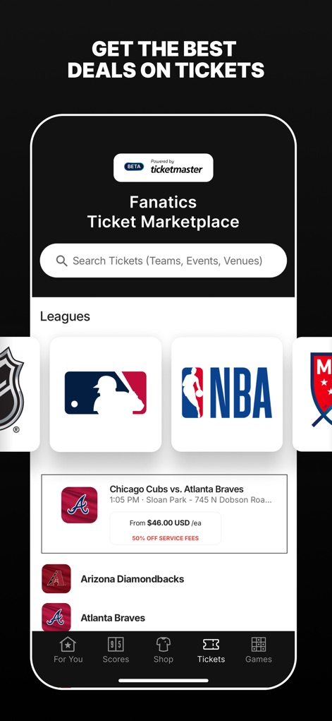Fanatics: Shop NFL, NBA & MLB - Users can secure tickets through the Fanatics Ticket Marketplace, powered by Ticketmaster, and easily browse by league logos like MLB and NBA to find live games.