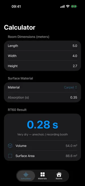 Reverb Room RT60 Calculator screenshot 1
