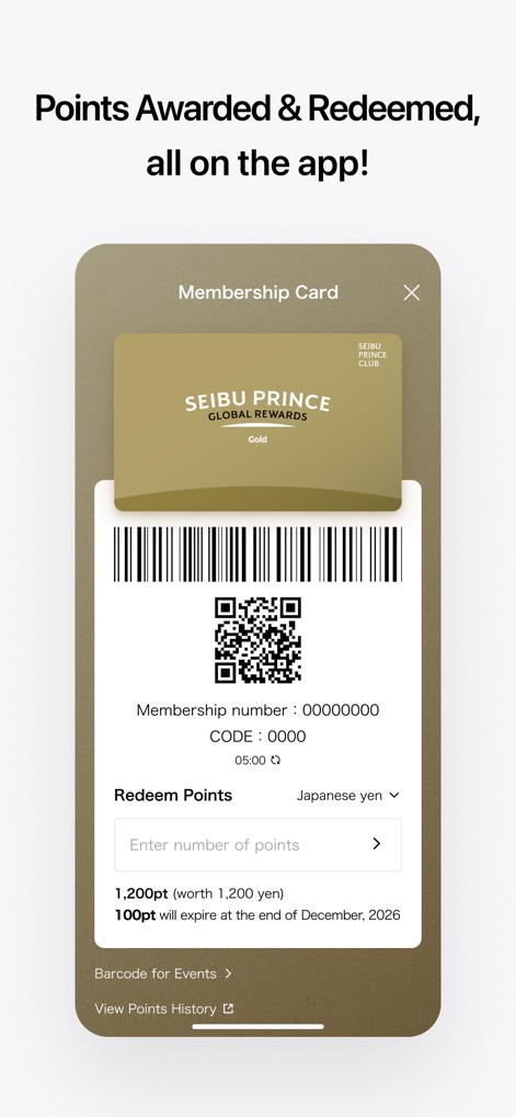 Seibu Prince Global Rewards - La funzionalità della carta fedeltà digitale è evidenziata da un codice QR visibile per una facile scansione, consentendo agli utenti di riscattare i punti accumulati con il saldo attuale "1,200pt" e la data di scadenza.