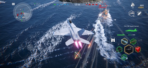 Warships Mobile: Naval Warfare - Users can execute devastating aerial attacks with fighter jets, witnessing realistic explosions and on-screen damage counters that reflect battle effectiveness.